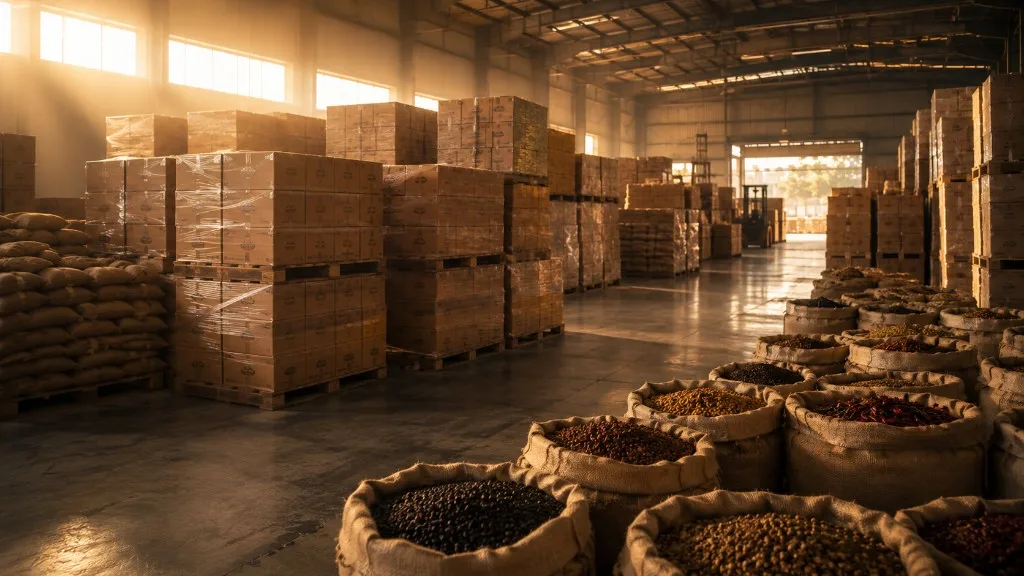 True Indian Spice export warehouse with bulk spices and packaged inventory