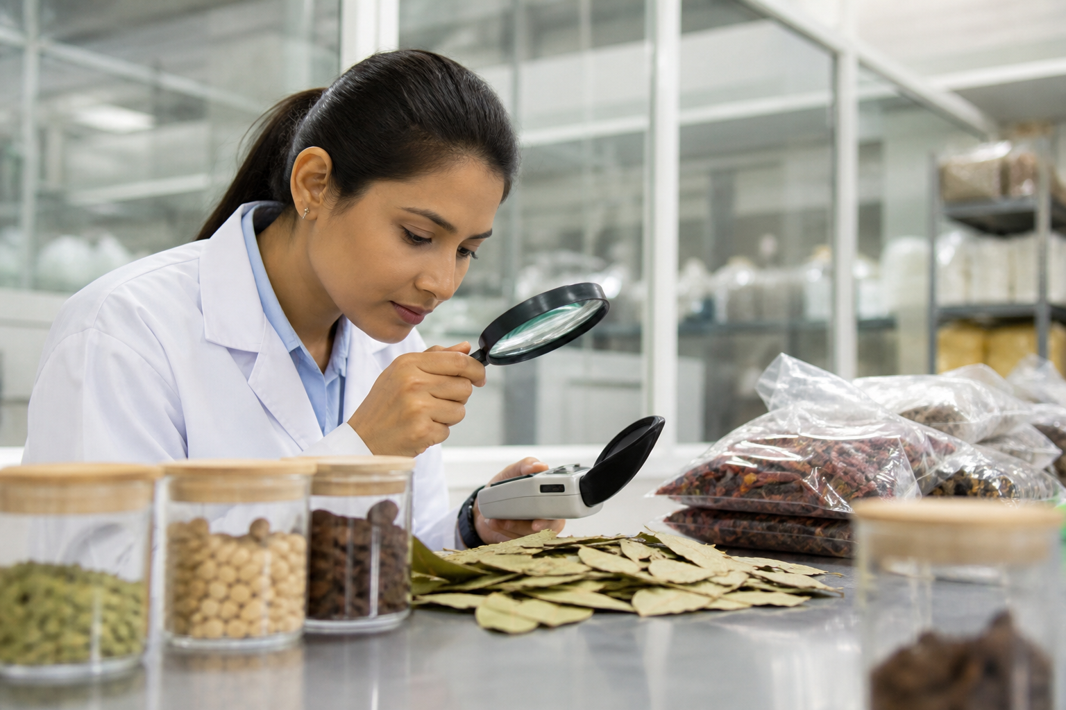 Quality control laboratory testing dried Bay Leaf for export