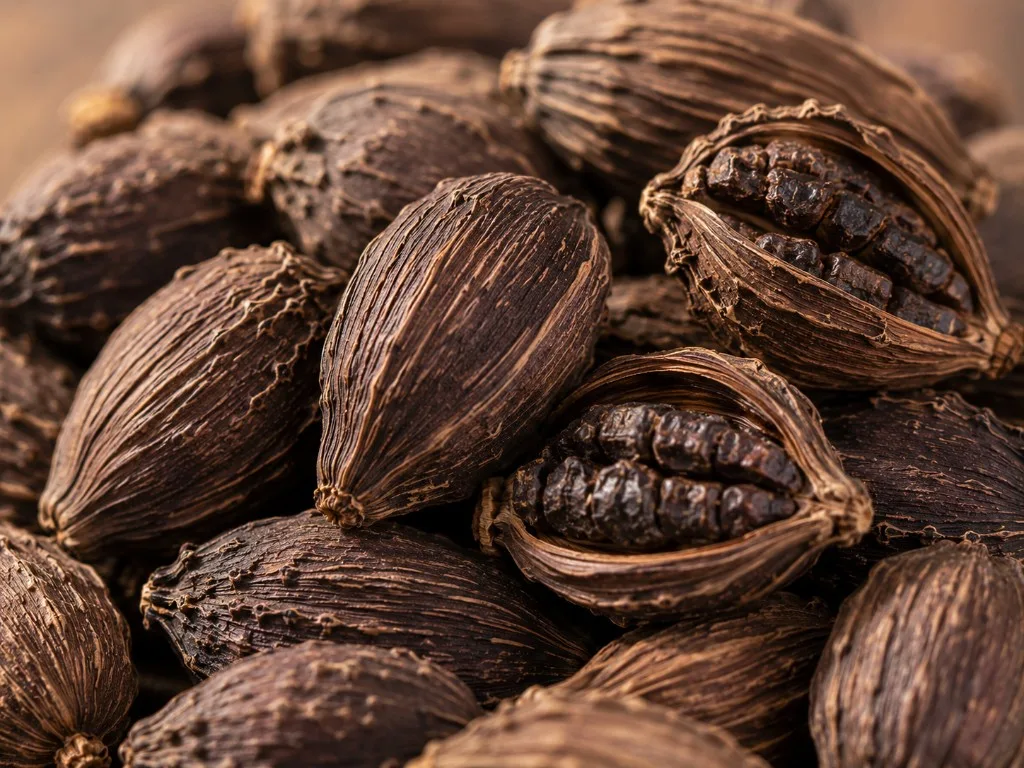 Close-up of dark brown to black whole Black Cardamom pods