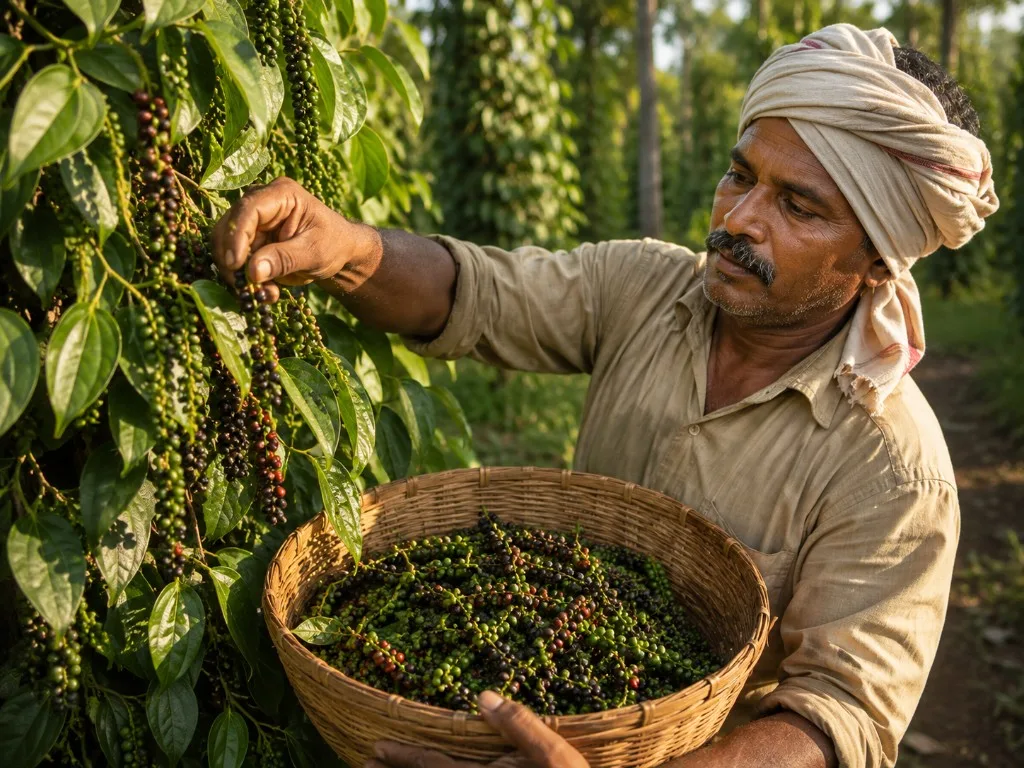 Harvesting Black Pepper in Indian growing regions