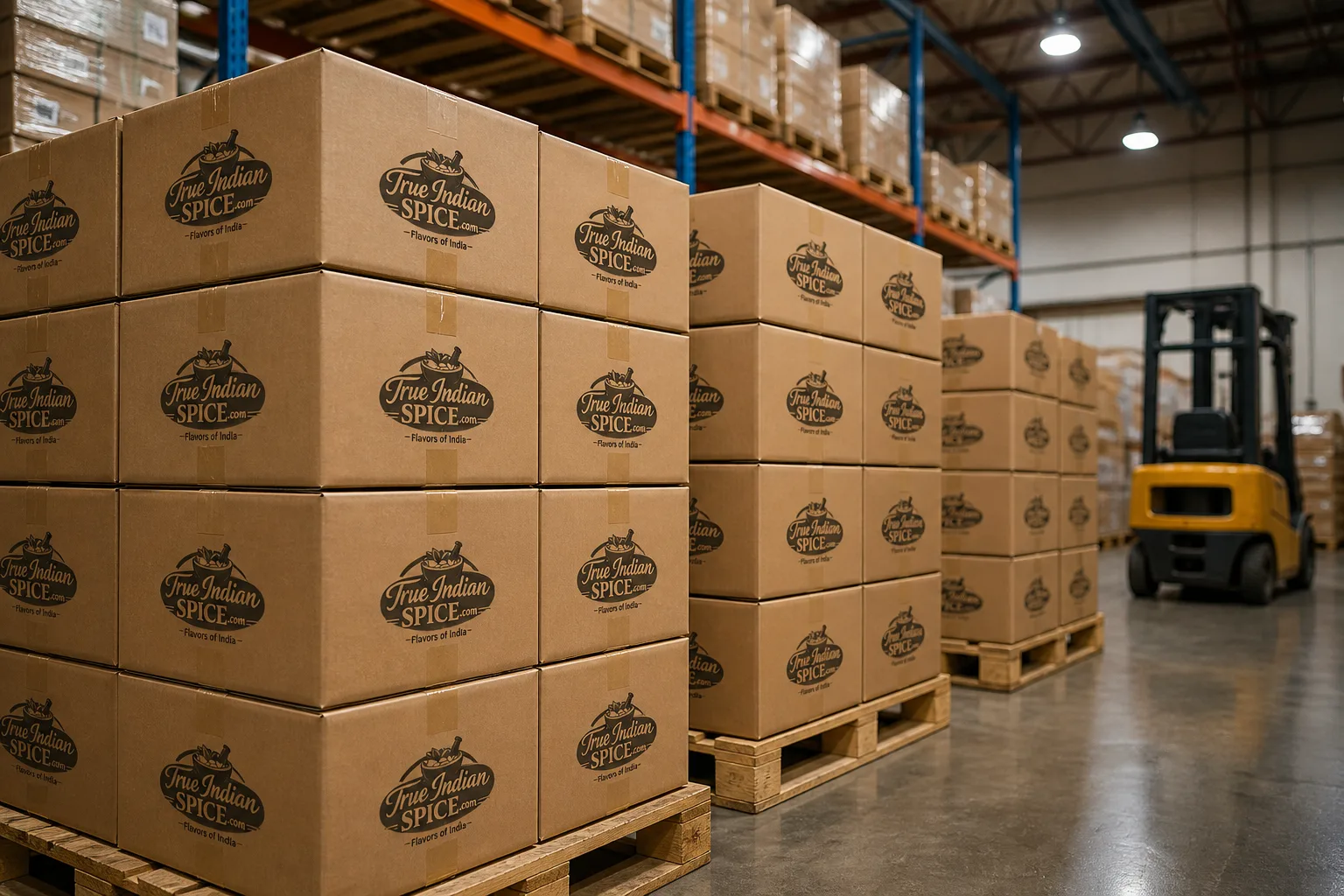 Export warehouse with palletized Indian spice cartons prepared for international shipment