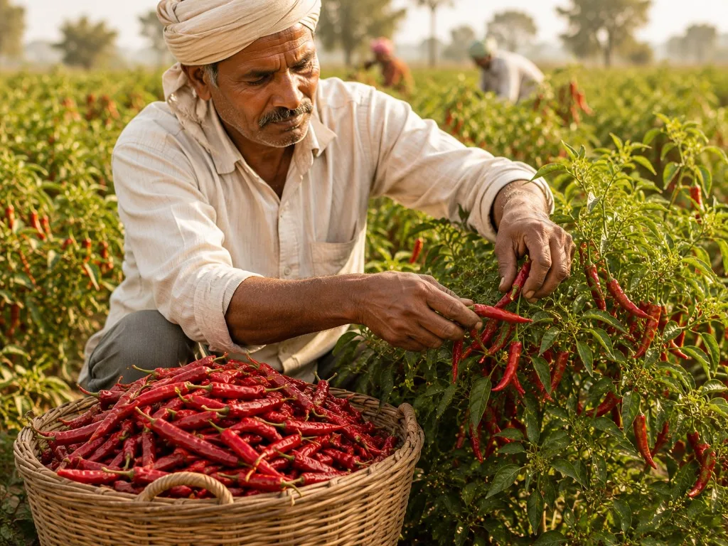 Harvesting Red Chilli in Indian growing regions