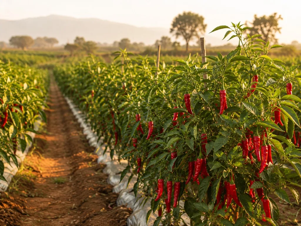 Indian Red Chilli farm rows with ripe red pods at golden hour
